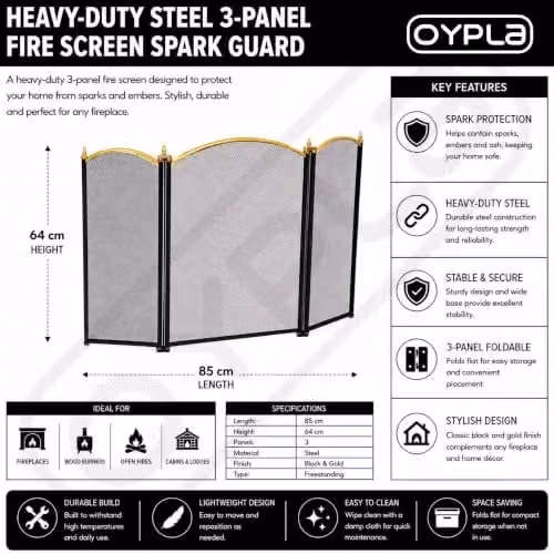Oypla 3 Panel Black Steel Fire Screen Spark Guard – 4