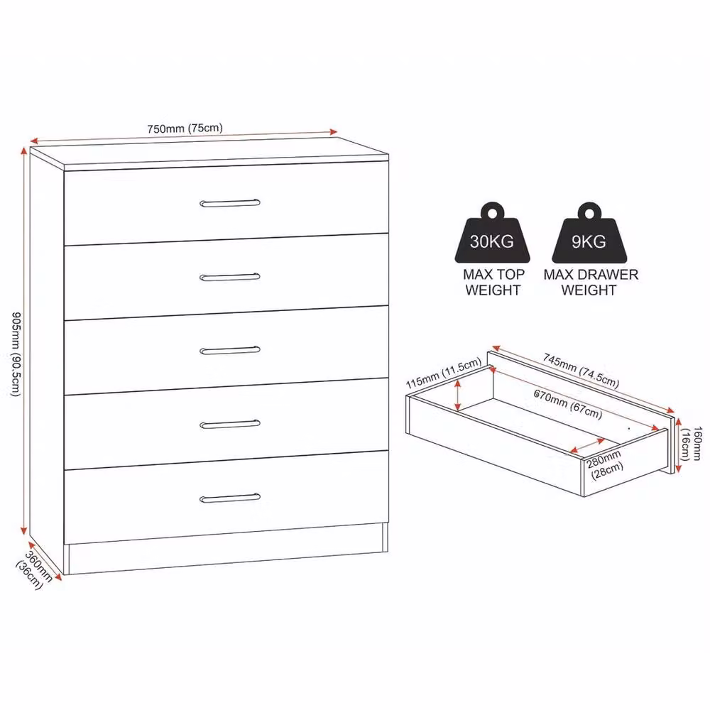 FORGEVIO Modern 5 Drawer Chest in Dark Grey, Freestanding Bedroom Storage – 2
