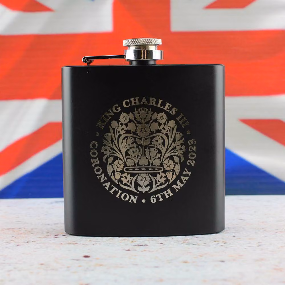 Uniqueful Personalised Commemorative Coronation of the King Black Stainless Steel Hip Flask – 3