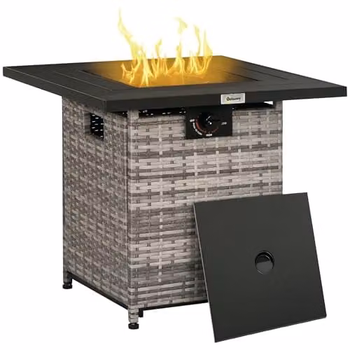 Outsunny PE Rattan Gas Fire Pit Table with Lava Stone in Grey, W/D/H: 71 x 71 x 63 cm – 1