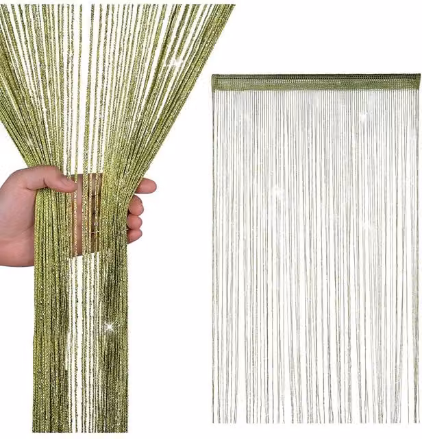Neel Blue Glitter Polyester String Curtain with Green Spaghetti Tassel Fringe, W: 90 cm, H: 200 cm – 1