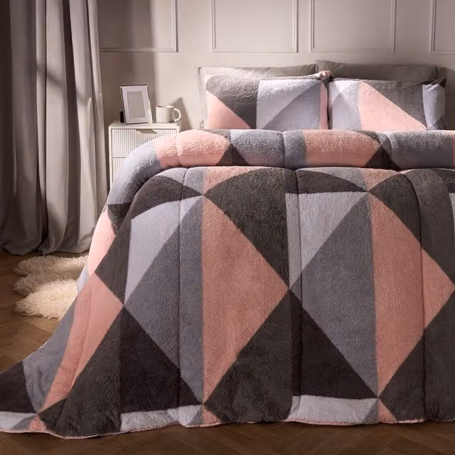 OHS Geometric Teddy Fleece Coverless Duvet and Pillowcase Set, Pink, King Size, 10.5 TOG