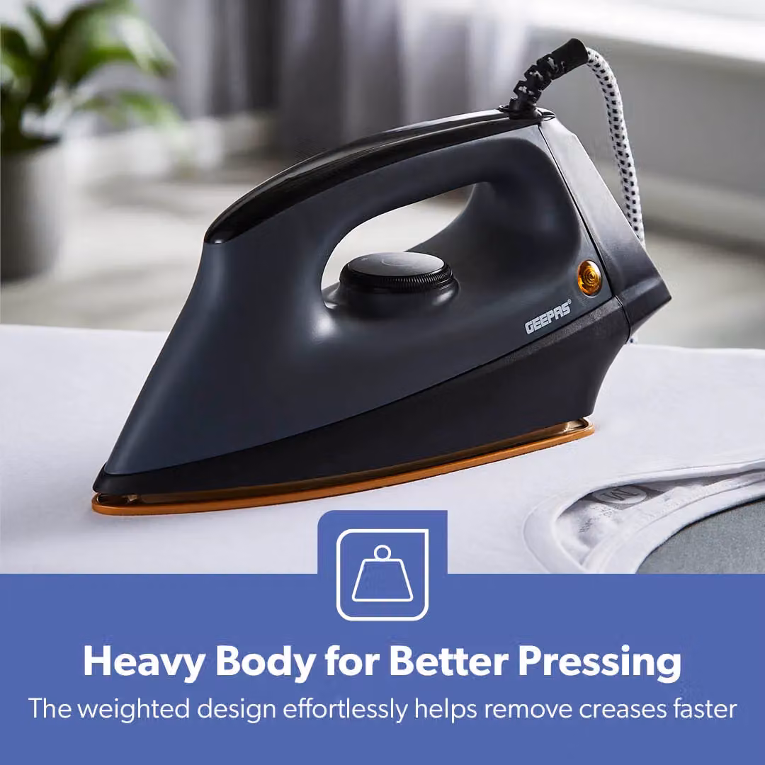 Geepas 1200W Heavyweight Dry Iron with Ceramic Non-Stick Soleplate and Auto Cut-Off in Black and Gold – 5