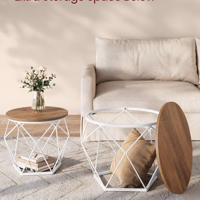 VASAGLE Set of 2 Round Nesting Coffee and Side Tables in Honey Brown and Cloud White