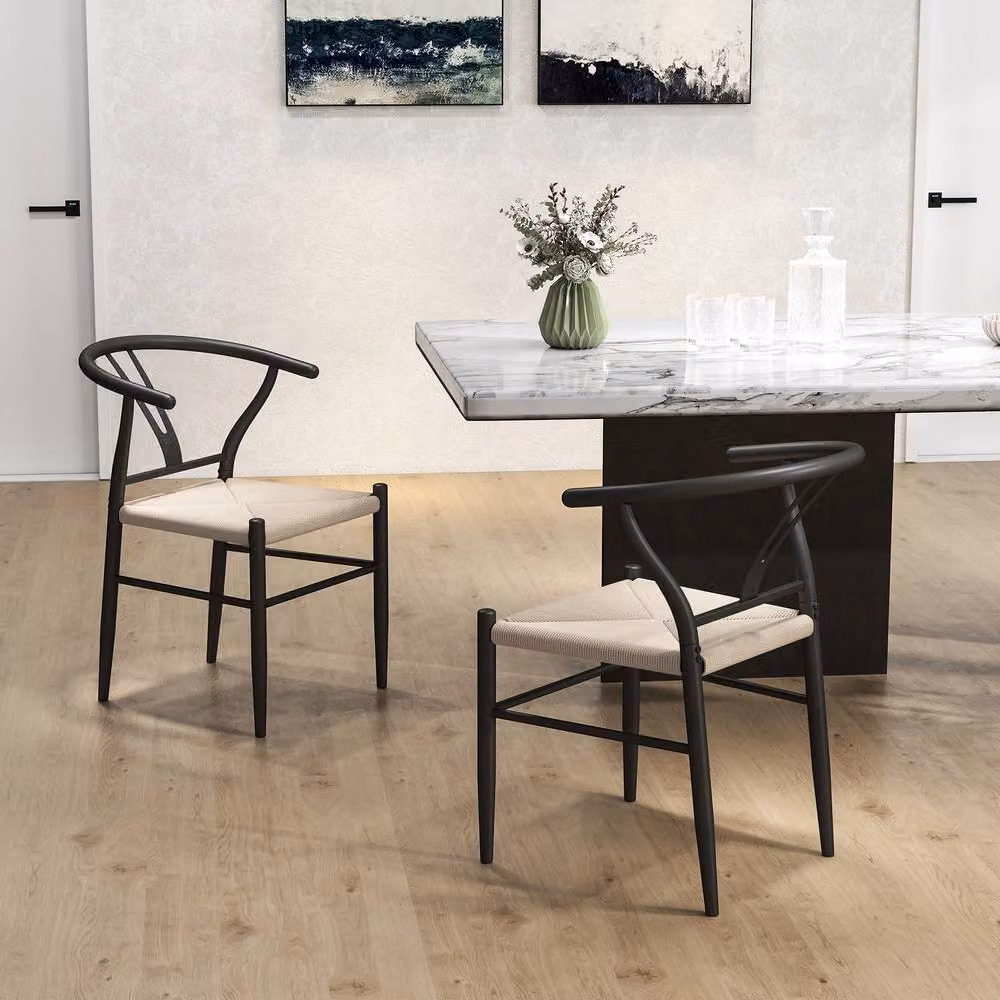 STILVORA Set of 2 Mid-Century Dining Chairs with Black Paper Rope Woven Seats and Armrests – 5
