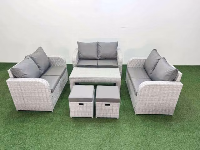 Fimous 8 Seater PE Wicker Rattan Garden Furniture Set in Light Grey with Oblong Coffee Table, 2 Seater Love Sofa and 2 Stools