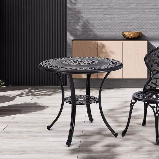Livingandhome Matt Black Cast Aluminium Patio Dining Table with Umbrella Hole, Diameter: 80 cm