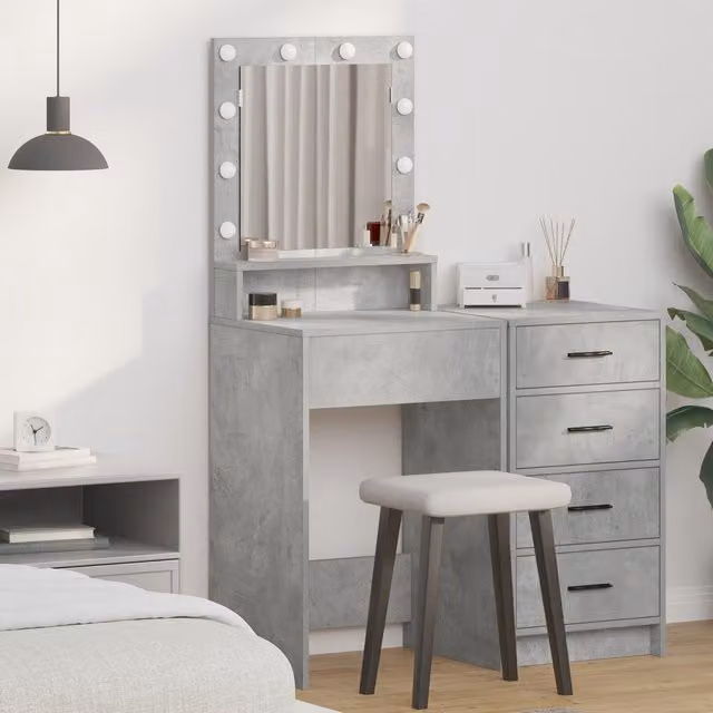 Berkfield Home Modern Dressing Table with LED Lights in Concrete Grey, W: 50 cm, D: 41 cm, H: 135 cm