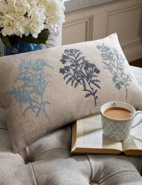 Laura Ashley Tenby Floral Embroidered Bolster Cushion in Blue and Beige Mix