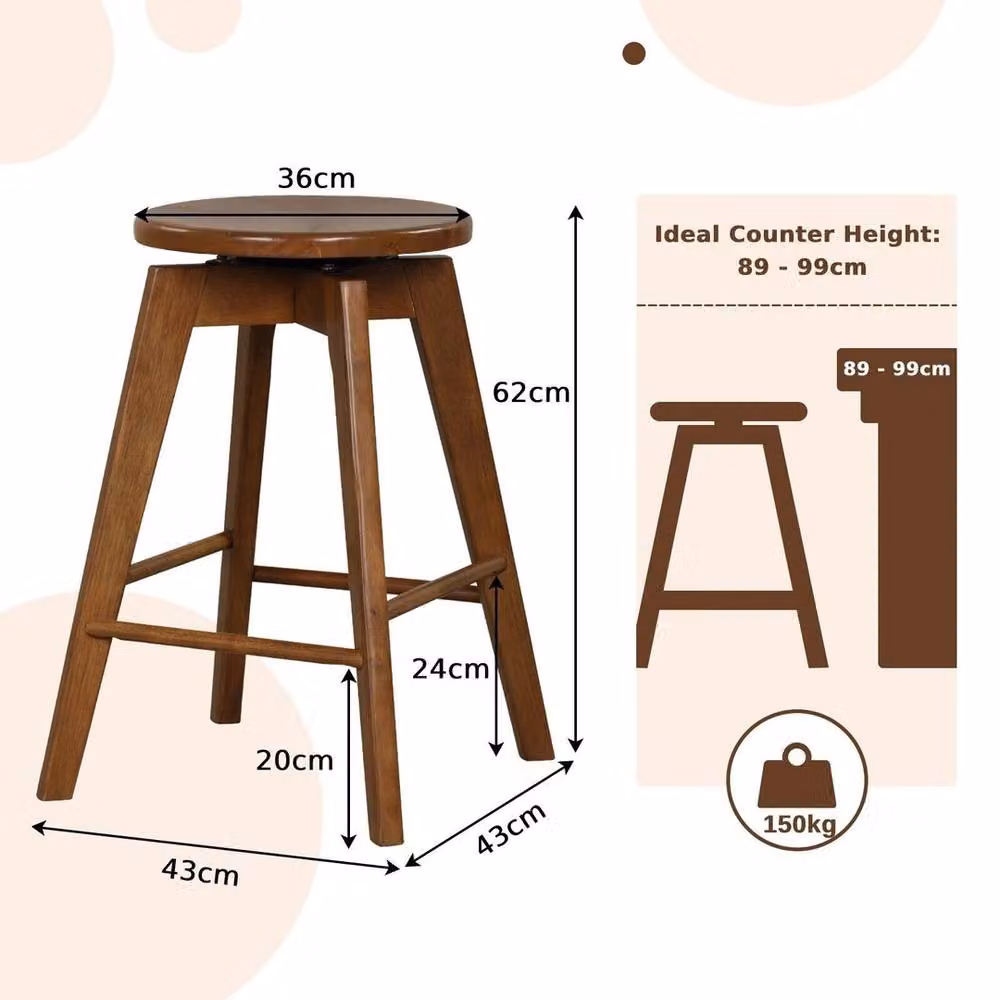 NESTLUNE 2-Pack Brown Rubberwood Counter Height Bar Stools with 360 Degree Swivel – 2