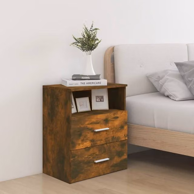 Berkfield Home Set of 2 Bed Cabinets in Smoked Oak Brown, W: 50 cm, D: 32 cm, H: 60 cm – 1