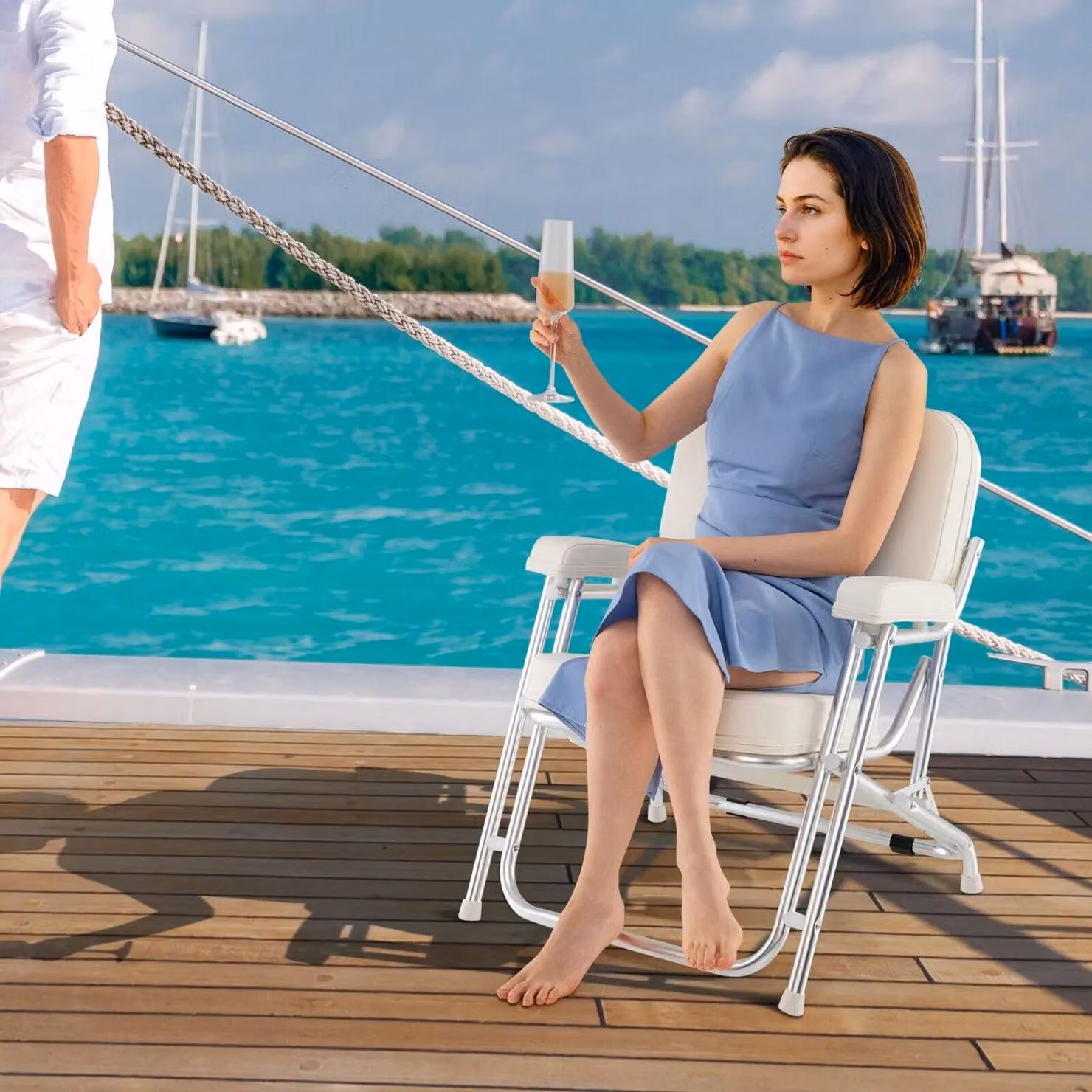 Gymax White Metal Folding Deck Chair with Armrests for Marine, Yacht and Garden Use – 2