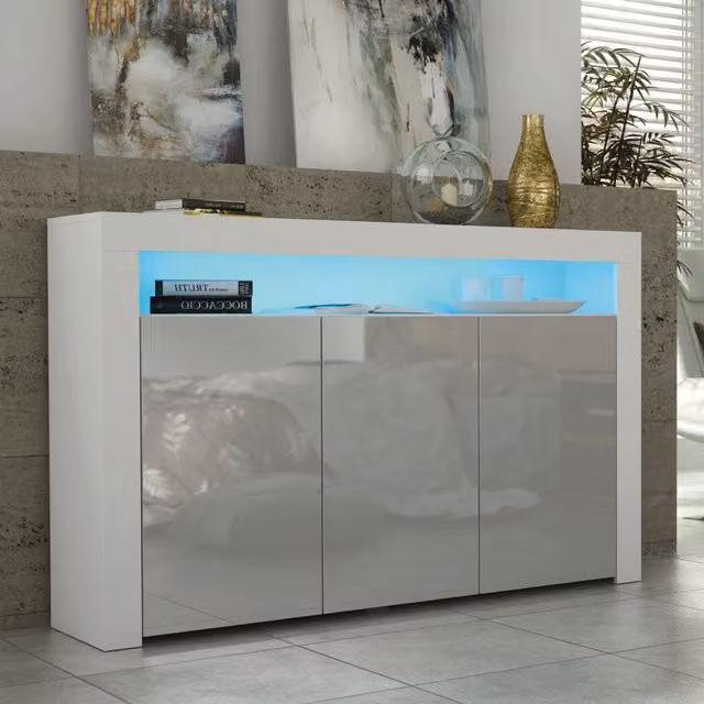 Mex Furniture LTD Modern Glossy Sideboard with Integrated LED Lighting in Light Grey, W: 155 cm, H: 92 cm, D: 40 cm
