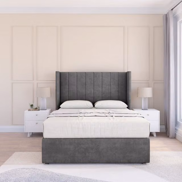Sloomy Falcon Plush Wingback Bed Set in Dark Grey Velvet with Floor Standing Headboard, W/D/H: 90 x 200 cm
