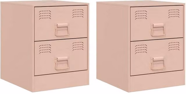 Berkfield Home Set of 2 Pink Metal Bedside Cabinets, W/D/H: 34.5 x 39 x 44 cm