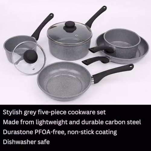 Cermalon 5 Piece Grey Forged Carbon Steel Cookware Set with Non-Stick Ceramic Coating, including 2 Frying Pans and 3 Saucepans with Glass Lids – 3
