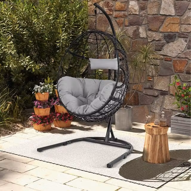 COSTWAY Modern Grey Rattan and Metal Outdoor Hanging Basket Chair