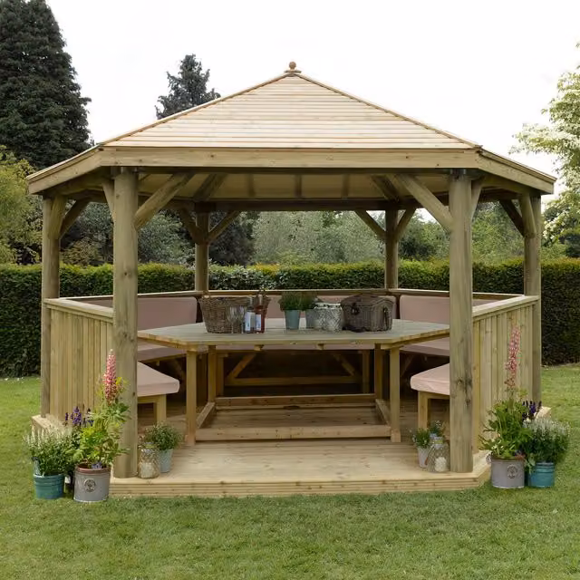 Forest Hexagonal Garden Gazebo in Cream and Pine Wood and Metal with Rustic Finish