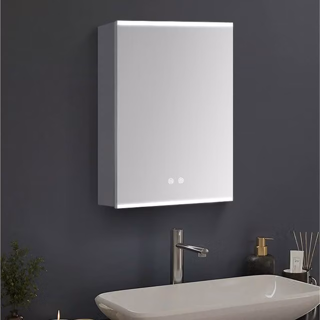 Livingandhome Modern Silver LED Bathroom Mirror Cabinet with Shaver Socket and Anti-Fog Function