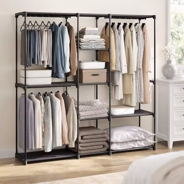 The Bazaarist Portable Open Fabric Clothes Storage Wardrobe with Hanging Rail and Shelving System in Black