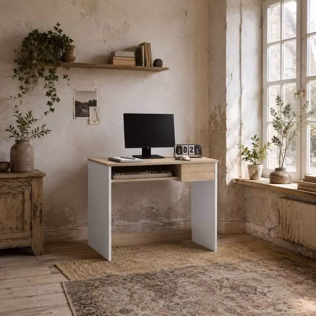 Wyld Haus Vali Compact Computer Desk in White with Keyboard Tray and Drawer, W: 80 cm, D: 45 cm, H: 75 cm – 1