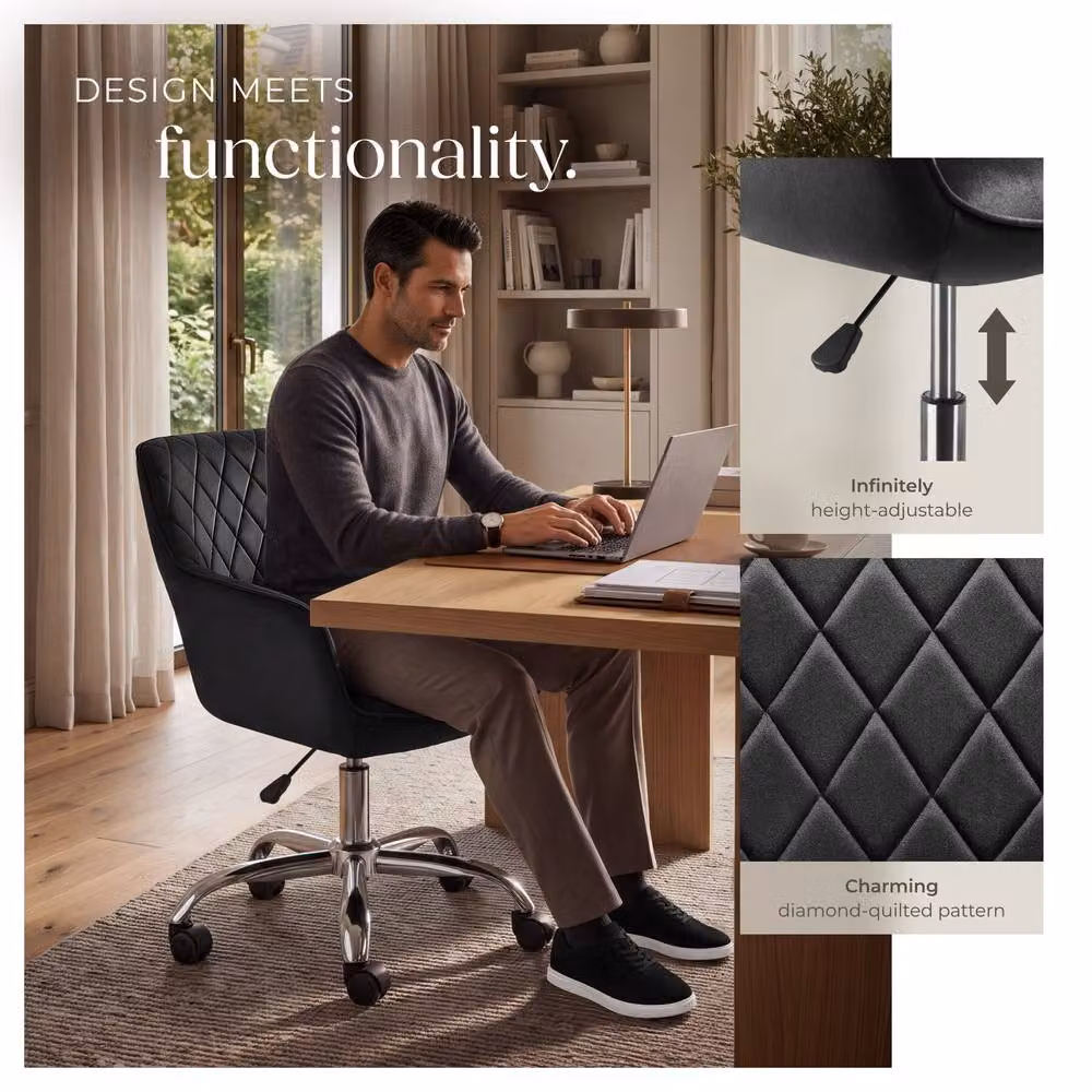 Tectake Nancy Modern Swivel Task Chair with Velvet Upholstery and Castors, Black – 4