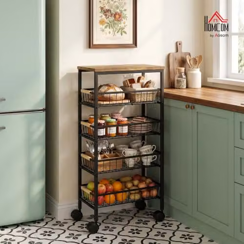 HOMCOM 4-Tier Metal and MDF Storage Trolley with Pull-Out Baskets in Rustic Brown, H 81.5 x W 40.0 x D 24.0 cm – 2