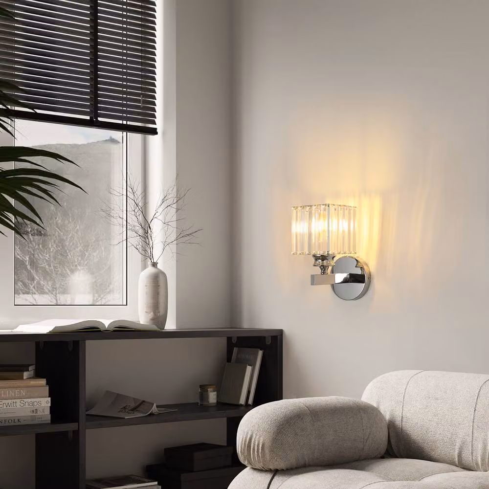 Pheashine Modern Crystal Wall Sconce with Rectangular Shade in Silver and Chrome, E27 – 2