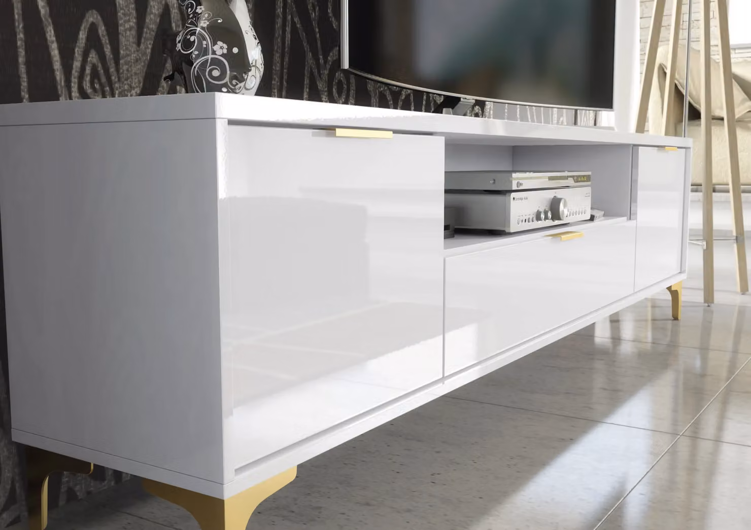Creative Furniture Goldline Gloss TV Unit White and Gold, W: 200 cm, H: 50 cm, D: 35 cm – 2