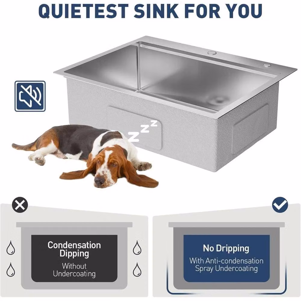 VOGREX Single Drop-in Stainless Steel Kitchen Sink in Metallic Silver, W: 63.5 cm, D: 55.88 cm, H: 22.86 cm – 4