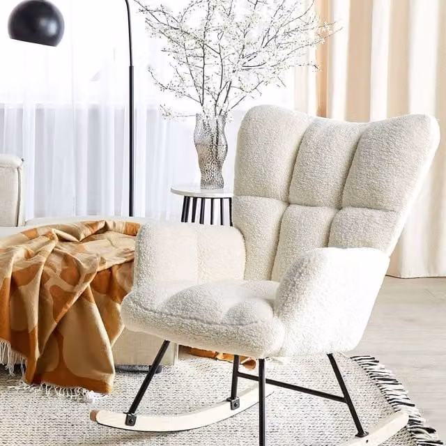 Wyld and Coco White Bouclé Rocking Chair with Armrests and Rubberwood Legs