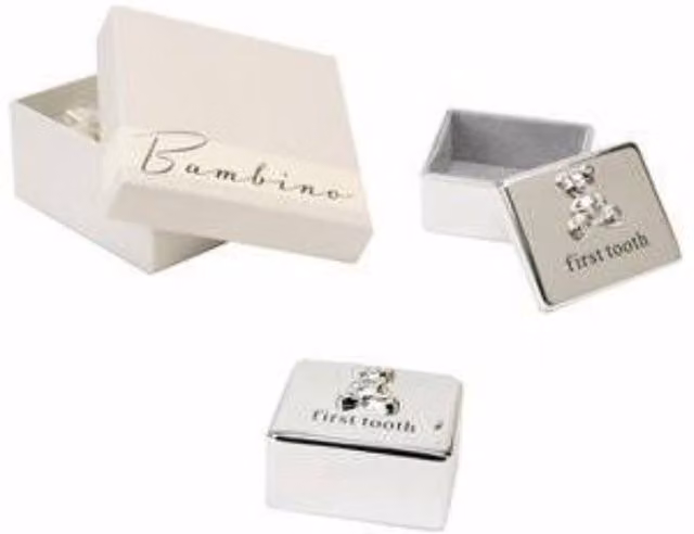 KDMD Bambino by Juliana Silver Plated First Tooth Box with Teddy Icon