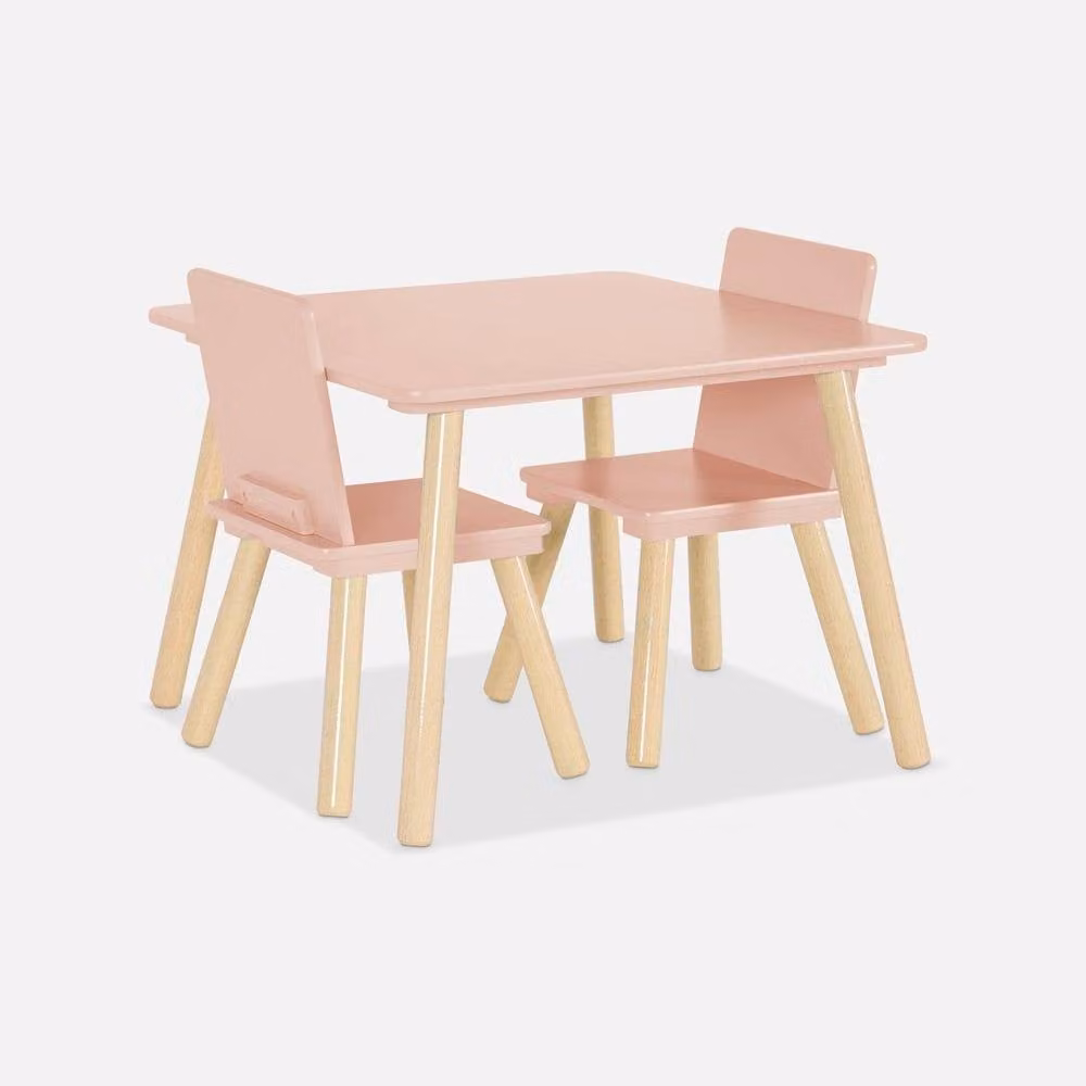 Sweekeek Square Table and 2 Chairs Set in Pink with Pine Legs, W/D/H: 60 x 60 x 43 cm – 2