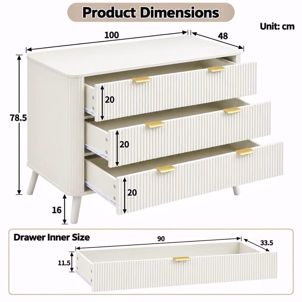 Merax 3 Drawer Chest of Drawers in Cream with Gold Tone Handles and Solid Wood Legs – 3