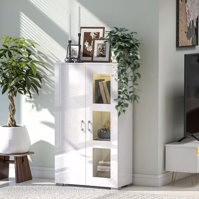 HOMCOM Modern White Glossy Display Cabinet with Glass Doors and Integrated Lighting – 1