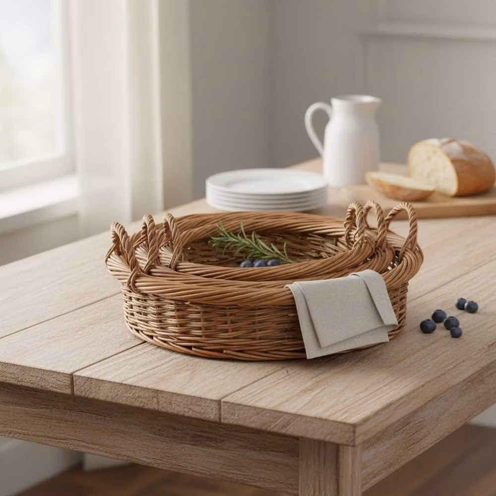 Red Hamper Set of 3 Round Wicker Willow Trays with Handles in Brown and Green – 2