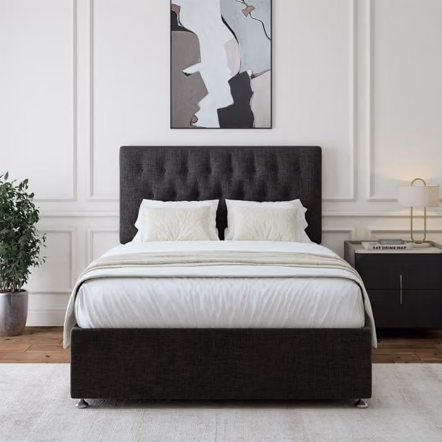 Bedmaster Linen 4 Drawer Divan Base and Button Headboard in Pink, W/D/H: 140 x 200 x 82 cm