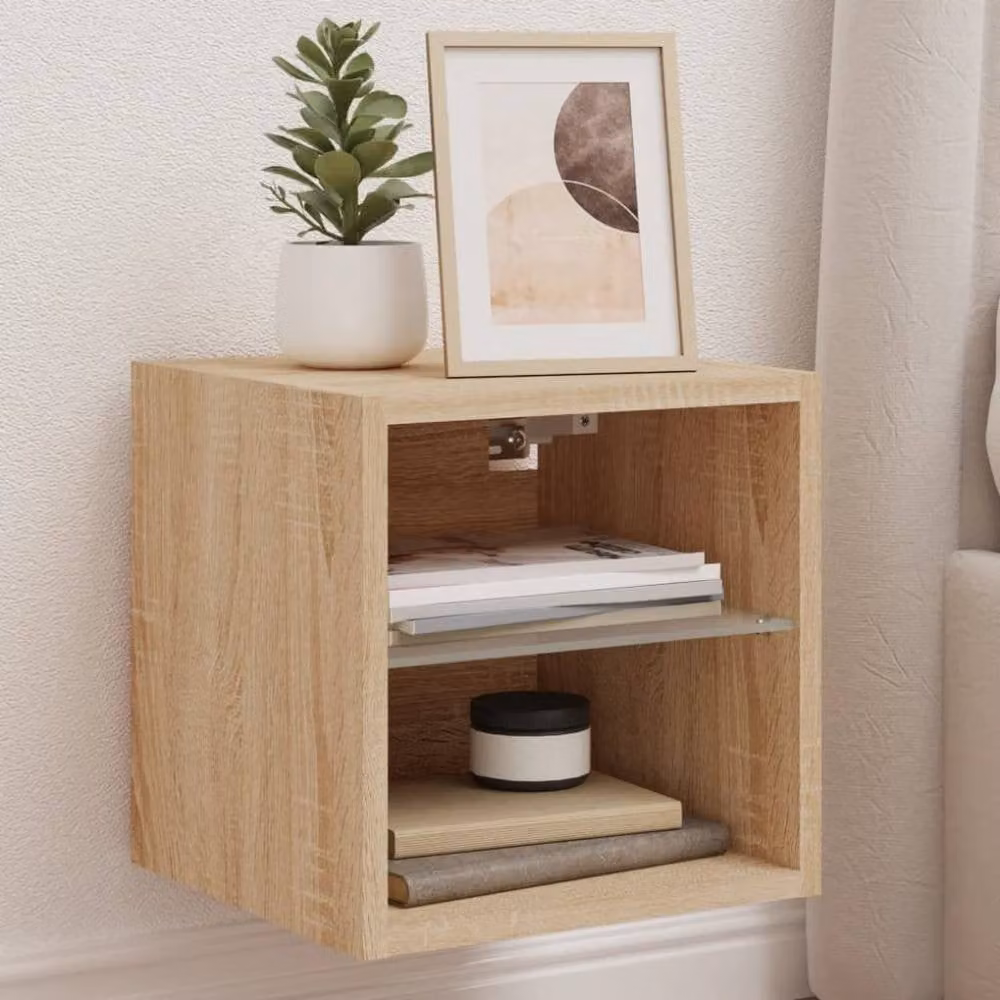 Berkfield Home Set of 2 TV Wall Cabinets with LED Lights in Sonoma Oak Natural, W/D/H: 30 x 28.5 x 30 cm – 1