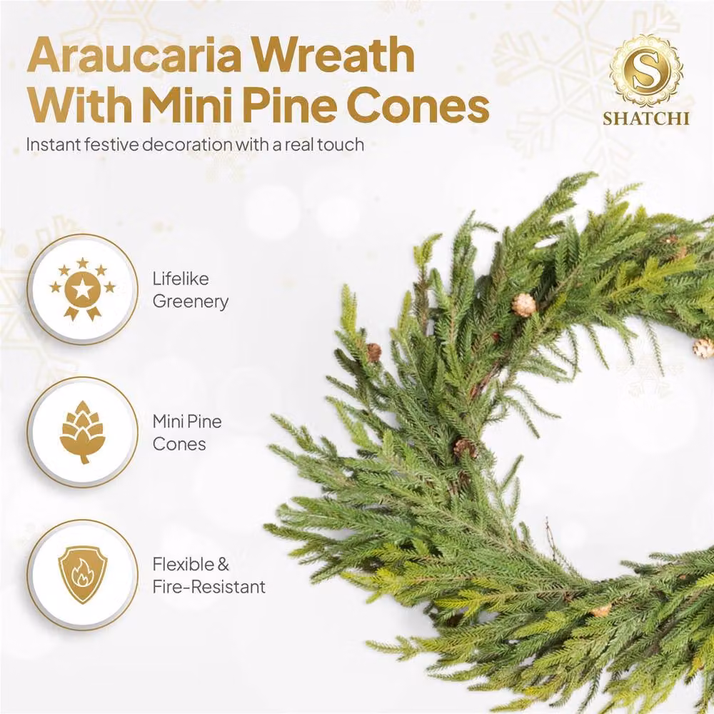 Shatchi Araucaria Wreath Set, Green Artificial Hanging Wreaths with Mini Pine Cones, Diameter: 60 cm – 3