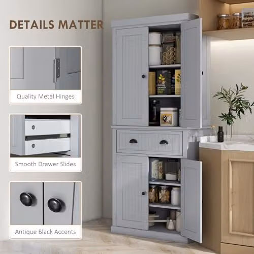 HOMCOM Grey Tall Kitchen Cupboard with 4 Doors and Internal Drawers, H 183 x W 76.2 x D 40.2 cm – 5