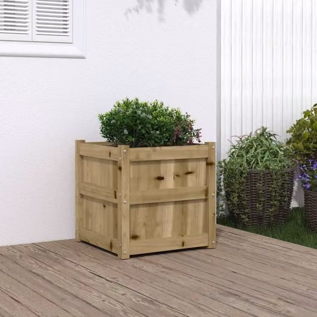 Berkfield Brown Impregnated Pine Wood Garden Planter Tub, W/D/H: 50 x 50 x 50 cm