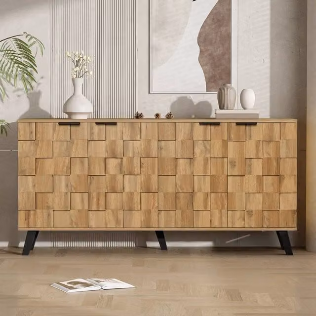 Merax Modern 4-Door Sideboard Cabinet with Geometric Textured Fronts in Natural and Black, W: 150 cm, H: 78 cm, D: 35 cm – 1