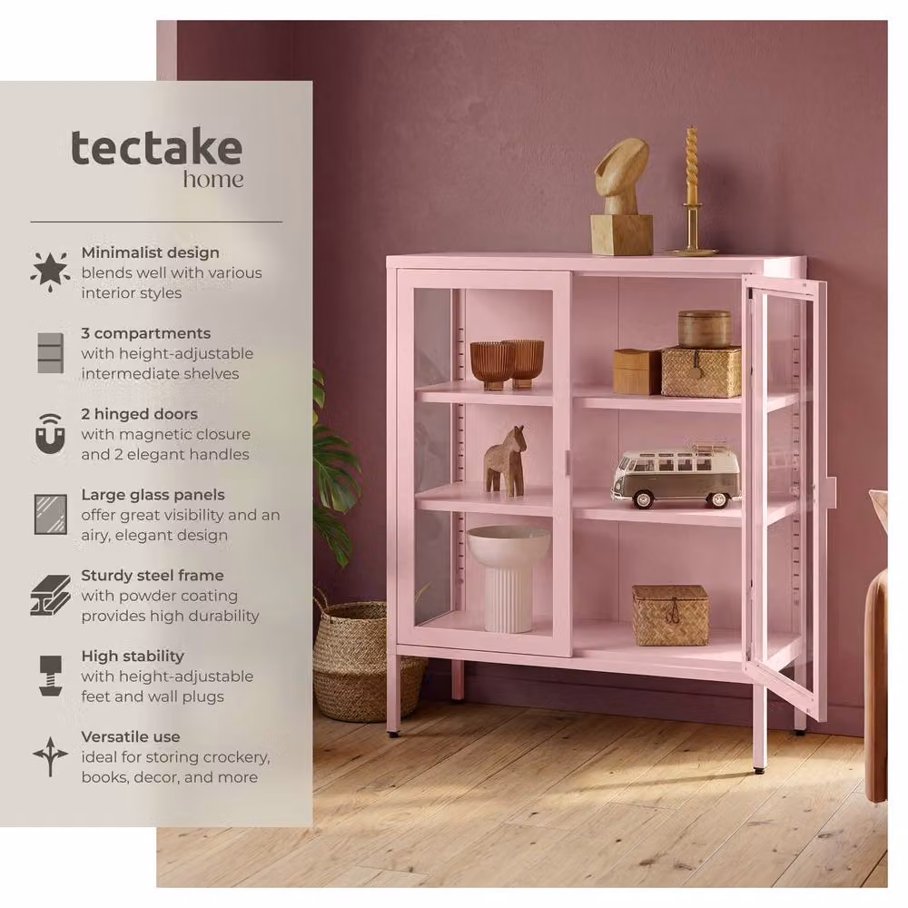tectake Baker Metal Display Case with Glass Doors in Pink – 2