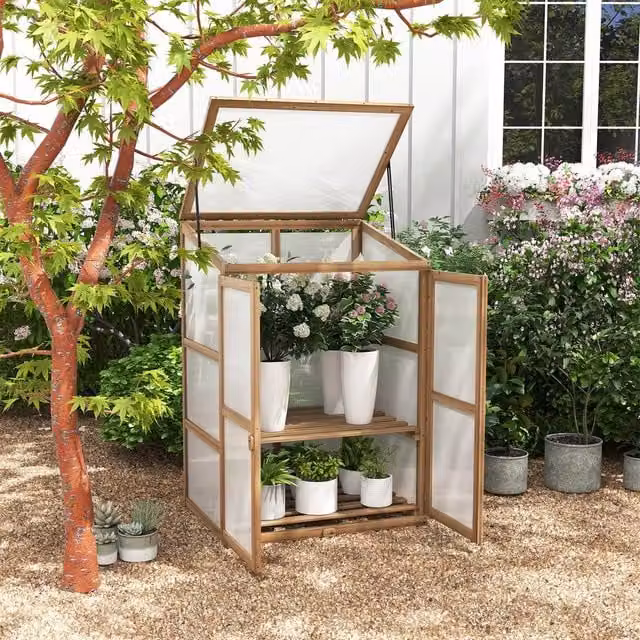 Costway White Wooden Portable Mini Garden Cold Frame Greenhouse with Polycarbonate Shelving