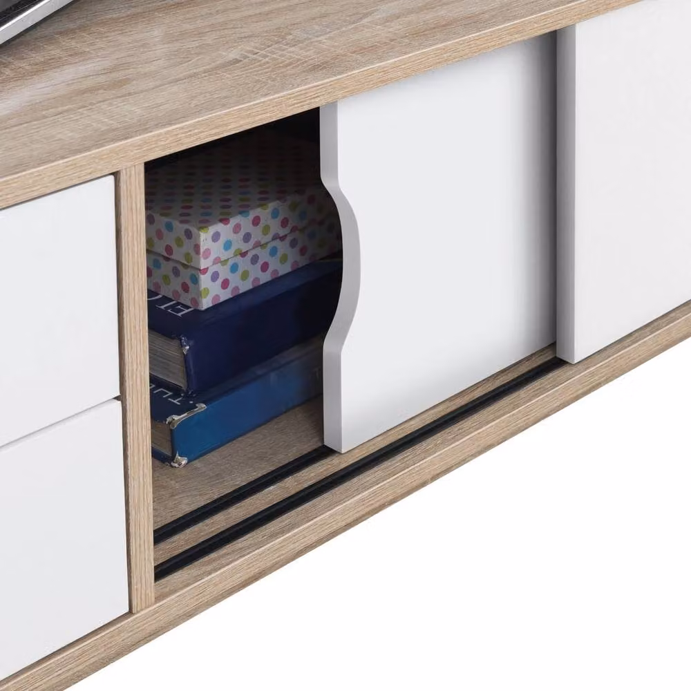 ERGOVEXA Oak White Scandinavian TV Stand Cabinet with Storage Shelves and Media Compartments – 3