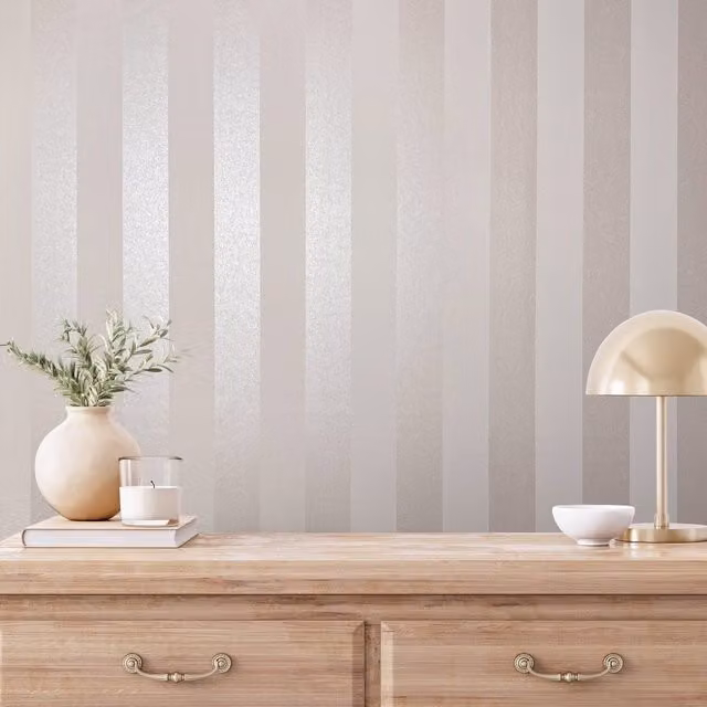 Galerie Industrial Effects Pearlescent Striped Wallpaper in Beige, White and Silver