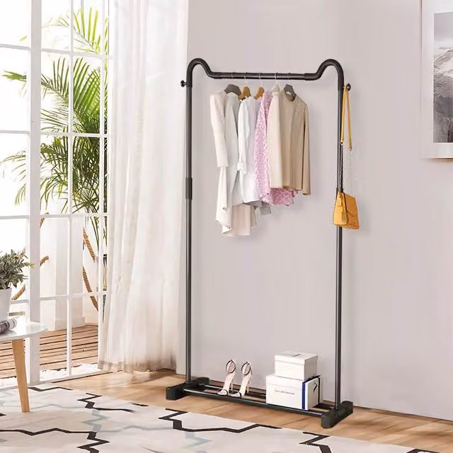 Livingandhome Modern Matt Black Metal Freestanding Clothes Rail with Dual Hook and Rail Matrix