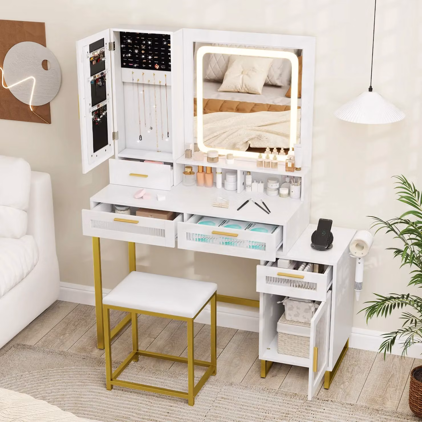 Costway Modern Vanity Set with Hollywood LED Mirror and Chair in White – 2