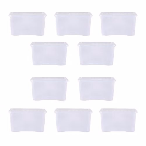Wham Crystal Stackable Plastic Storage Boxes with Lids and Handles, Transparent, Pack of 10, 60 L each