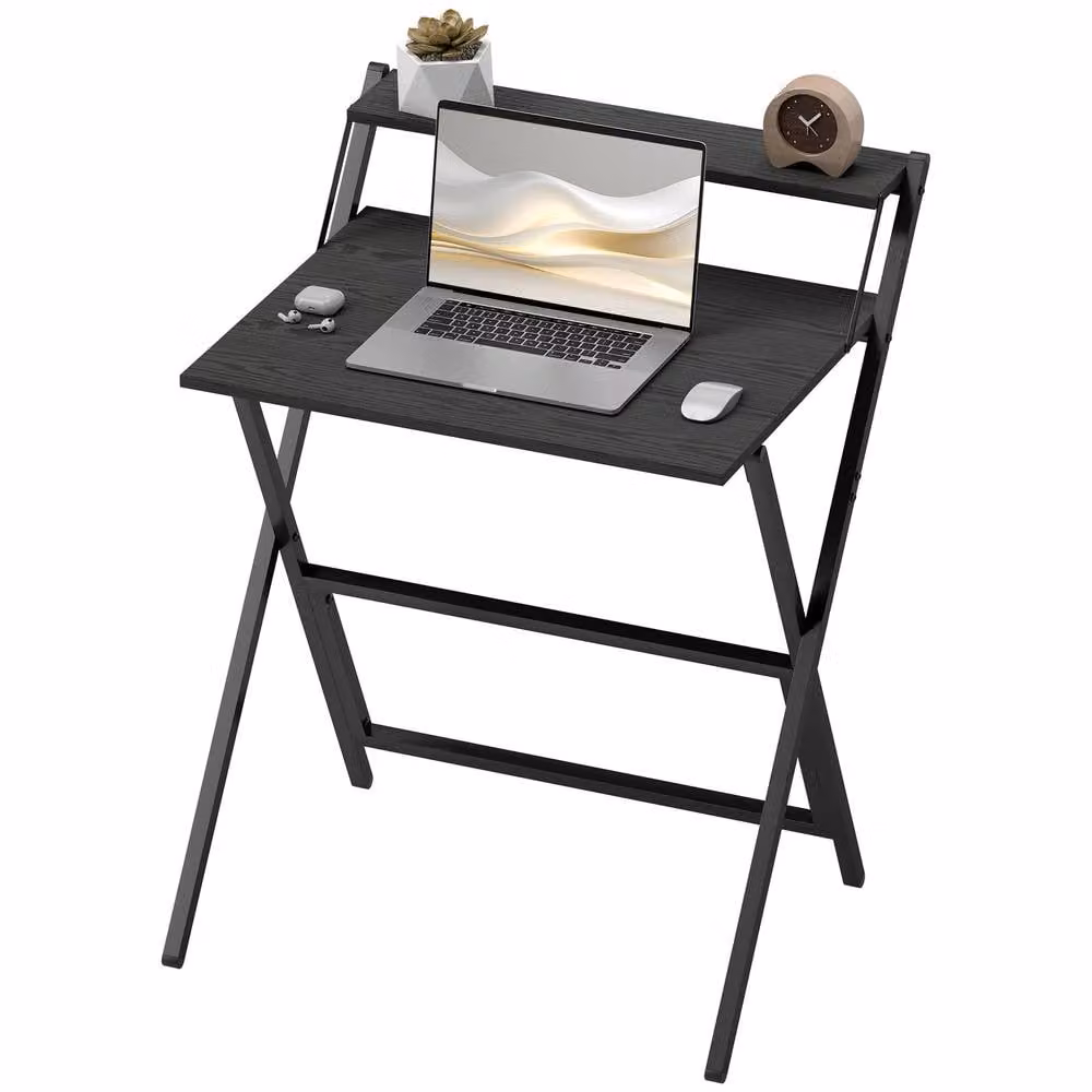 STILVORA Modern Black Metal Desk with Monitor Shelf and Folding Frame – 5